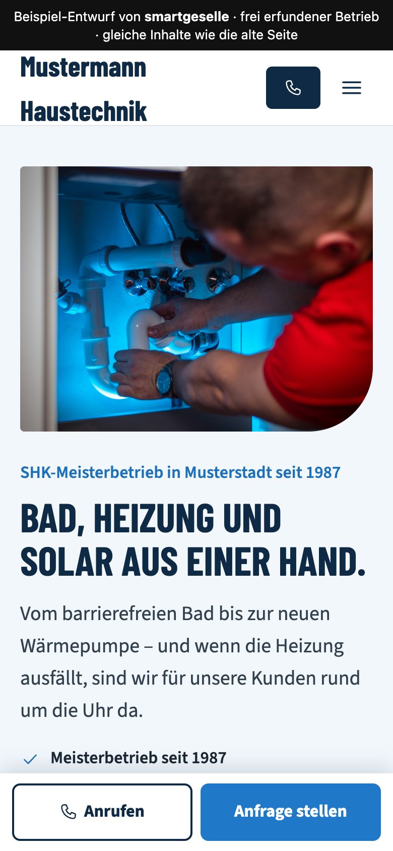 Kopf der Beispiel-Seite auf dem Handy mit Knöpfen zum Anrufen und Anfragen