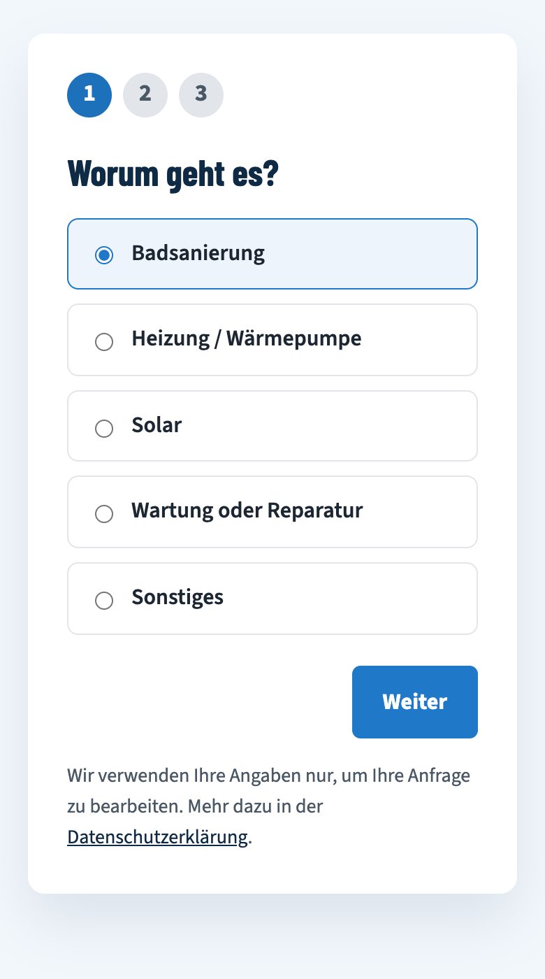 Erster Schritt des Anfrage-Formulars