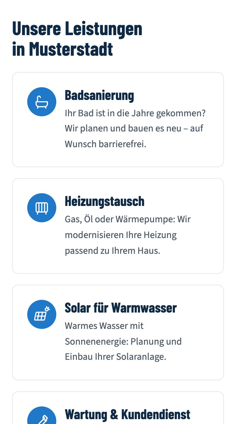 Leistungen der Beispiel-Seite als übersichtliche Liste