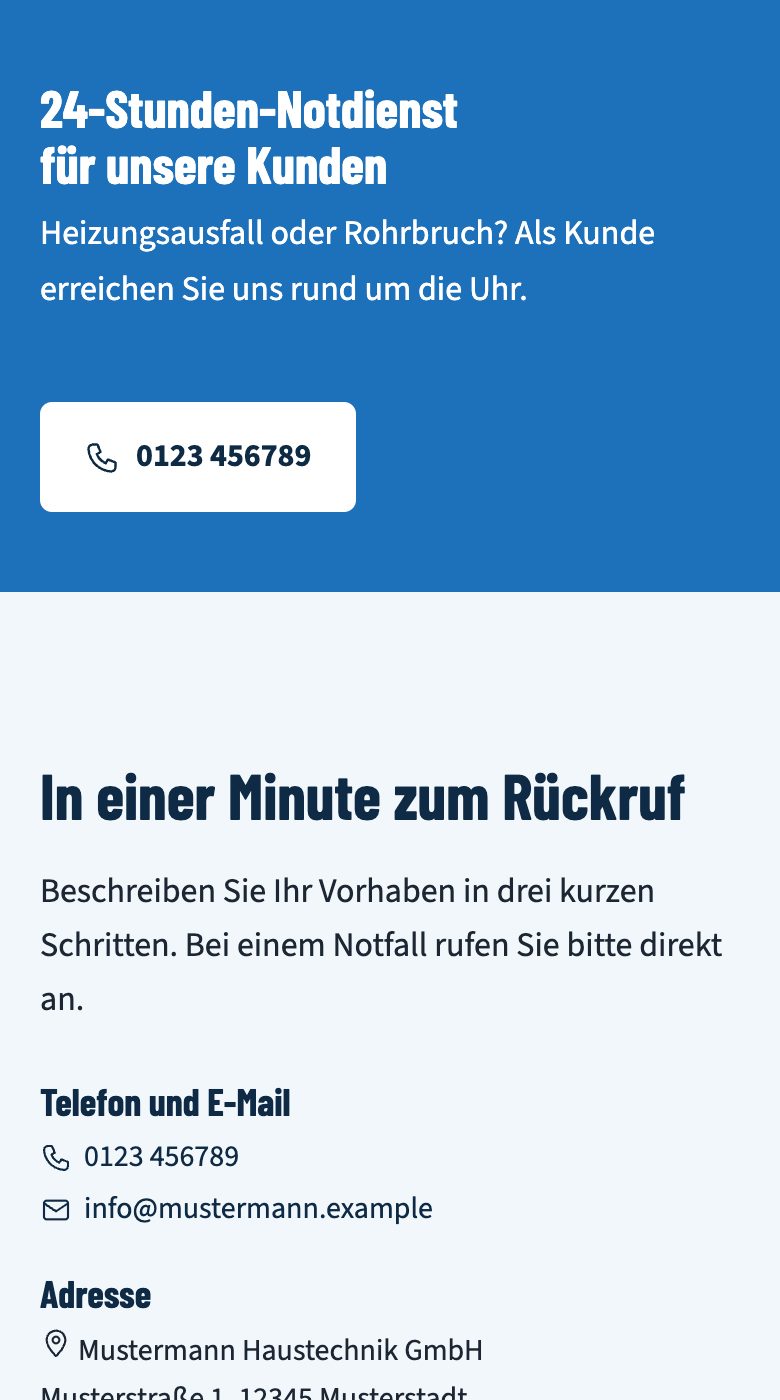 Notdienst-Bereich der Beispiel-Seite